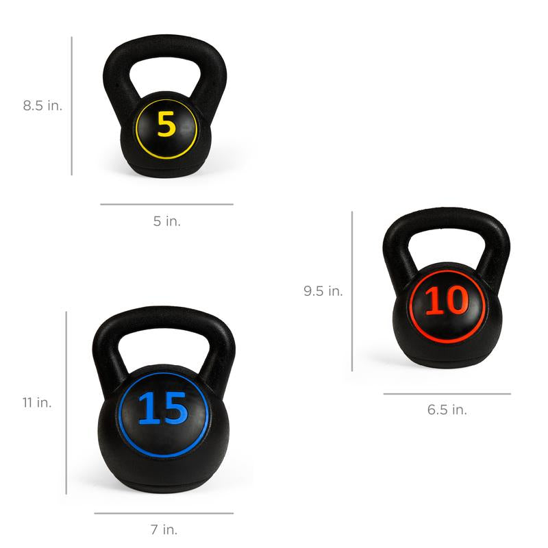 Best Choice Products 3-Piece Kettlebell Set with Storage Rack, Exercise Fitness Concrete Weights 5Lb, 10Lb, 15Lb